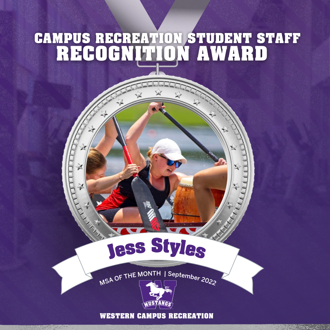 Head shot of Jess Styles rowing inside a silver medal graphic that says Student Staff recognition award